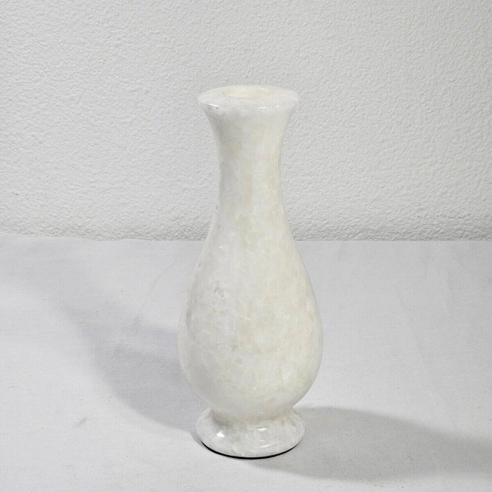 Vintage 1960s Hand Carved White & Cream Colored Alabaster Stone 8" Bud Vase - Picture 2 of 11